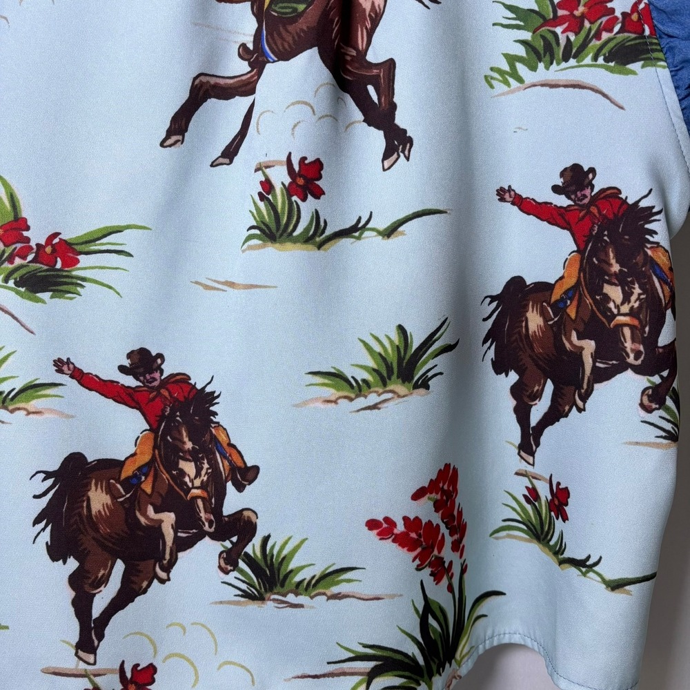 Vintage Cowboy Western Blouse Women Sz. XL Blue Ruffle Rodeo Horse Print - Picture 6 of 8